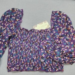 Land of the Free Smocked Crop Top Purple Floral Puff Sleeve Womens Size S